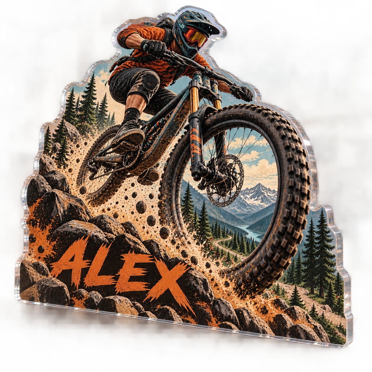 Artwork visualization: Mountain biking — everyday sport identity, personalized ALEX, subject-shaped acrylic with printed optical 3D depth; not carved relief.