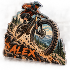 Artwork visualization: Mountain biking — everyday sport identity, personalized ALEX, subject-shaped acrylic with printed optical 3D depth; not carved relief.