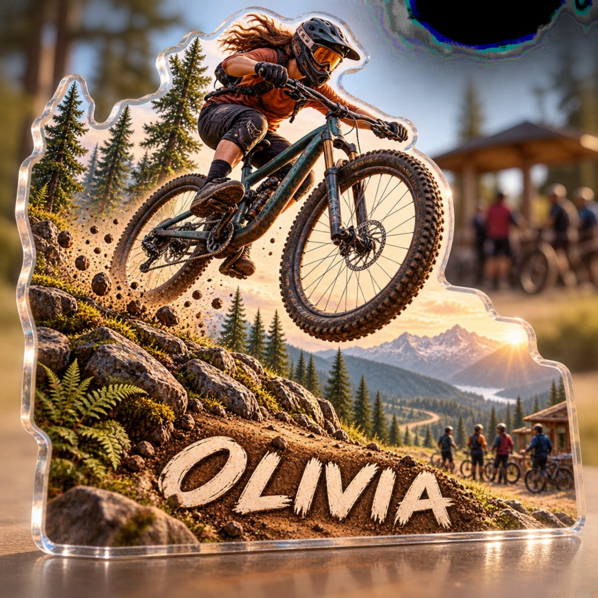 Personalized Mountain Biking Club Social Gathering custom shape acrylic plaque with an example name set into the artwork, digital preview