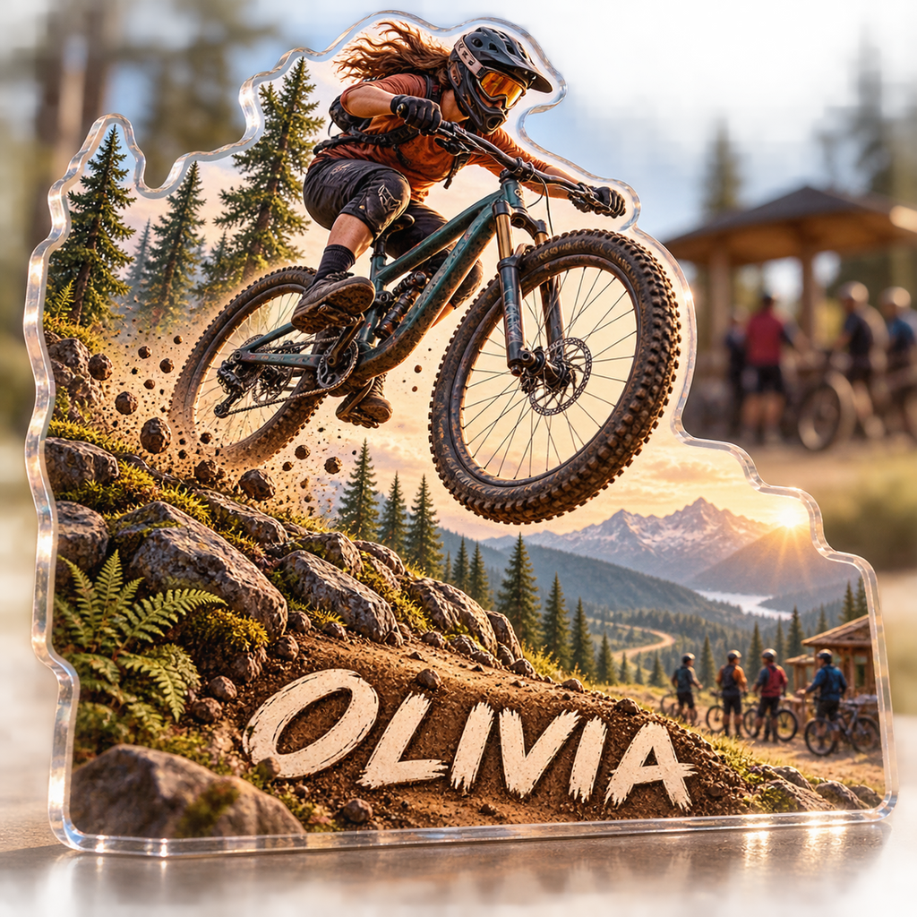 Artwork visualization: Mountain biking — club social gathering, personalized OLIVIA, subject-shaped acrylic with printed optical 3D depth; not carved relief.