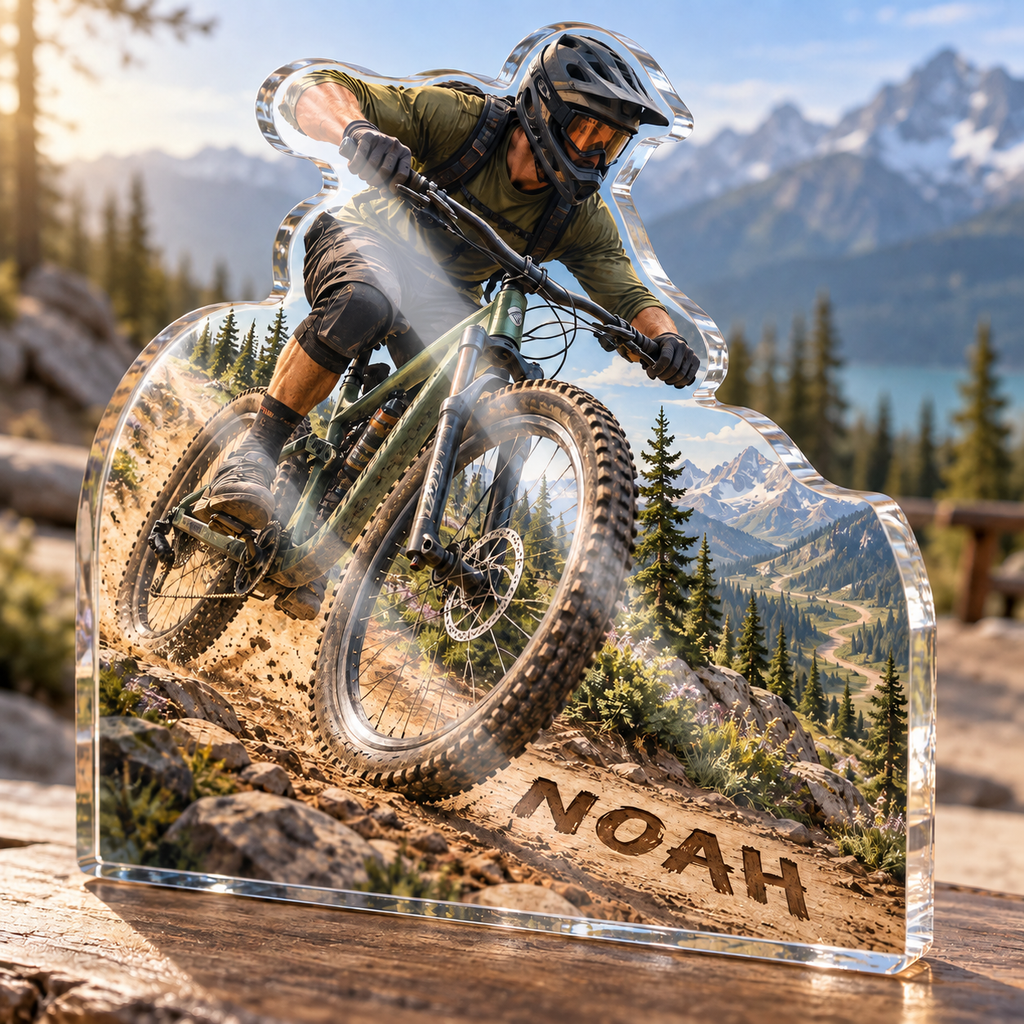 Artwork visualization: Mountain biking — retirement adventure gift, personalized NOAH, subject-shaped acrylic with printed optical 3D depth; not carved relief.