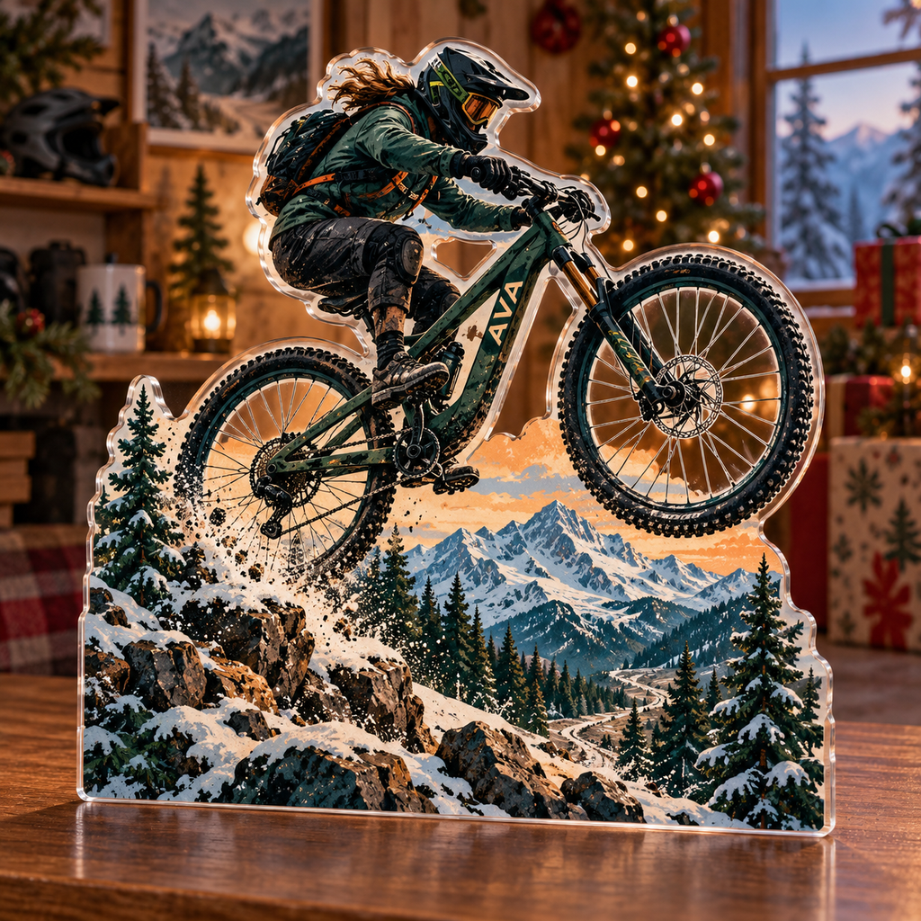 Artwork visualization: Mountain biking — home hobby room decor, personalized AVA, subject-shaped acrylic with printed optical 3D depth; not carved relief.