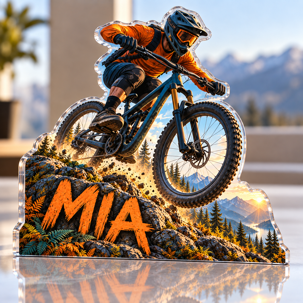 Artwork visualization: Mountain biking — weekend trip group, personalized MIA, subject-shaped acrylic with printed optical 3D depth; not carved relief.