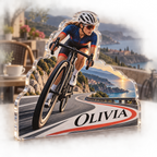 Artwork visualization: Road cycling — everyday sport identity, personalized OLIVIA, subject-shaped acrylic with printed optical 3D depth; not carved relief.