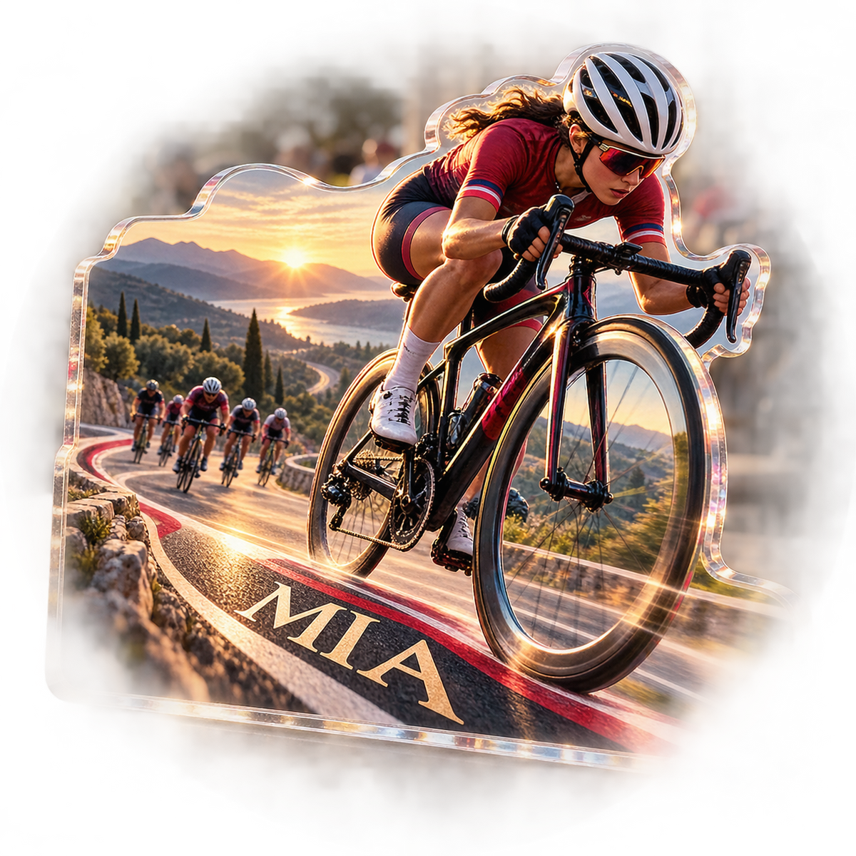 Artwork visualization: Road cycling — club social gathering, personalized MIA, subject-shaped acrylic with printed optical 3D depth; not carved relief.