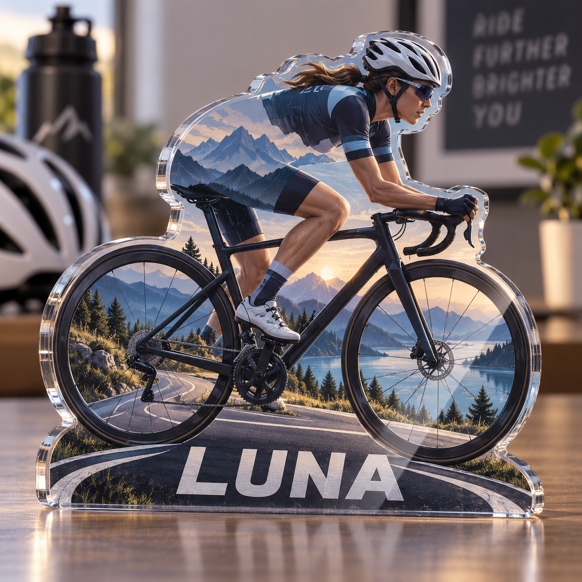 Artwork visualization: Road cycling — personal achievement keepsake, personalized LUNA, subject-shaped acrylic with printed optical 3D depth; not carved relief.