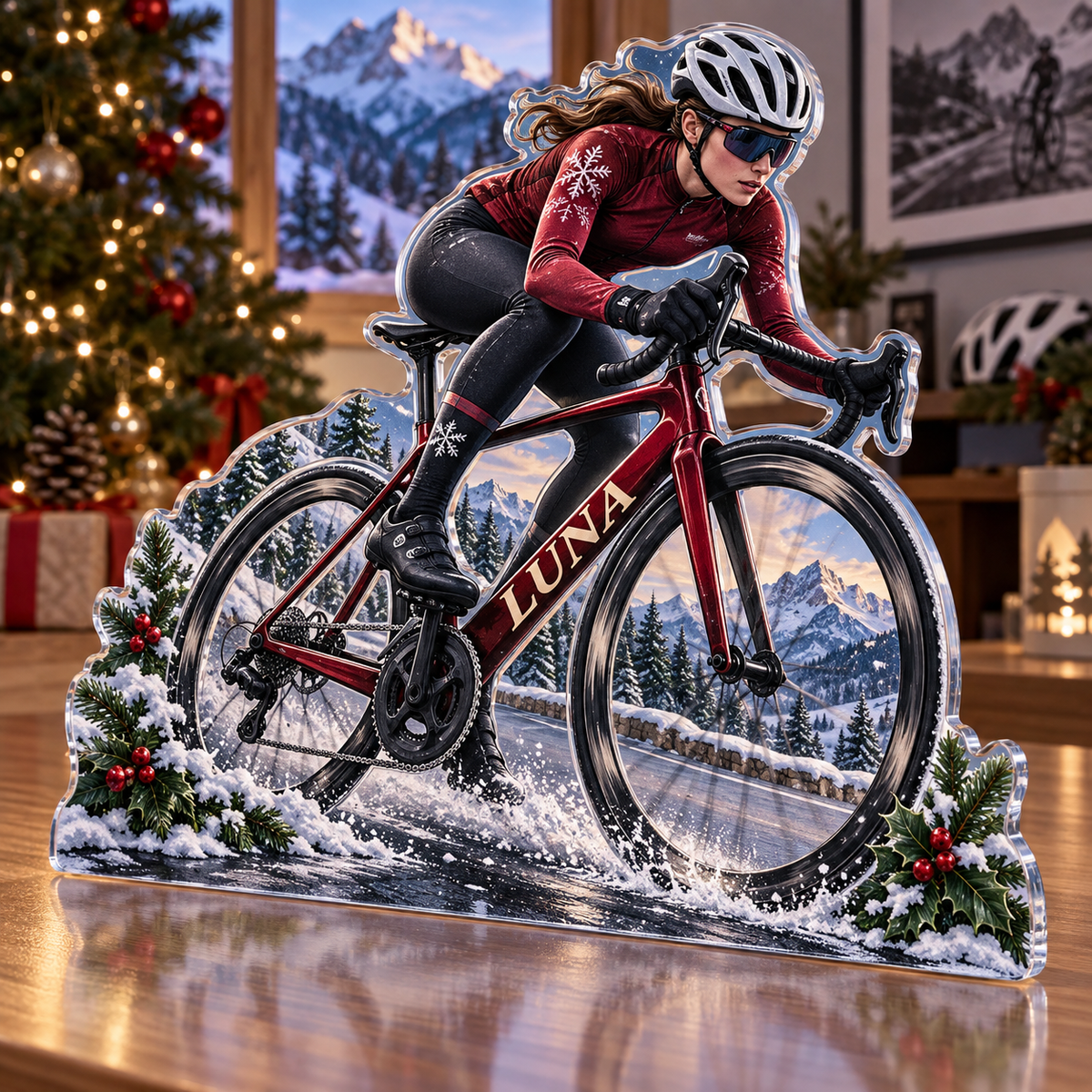 Artwork visualization: Road cycling — home hobby room decor, personalized LUNA, subject-shaped acrylic with printed optical 3D depth; not carved relief.