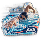 Artwork visualization: Swimming laps — everyday sport identity, personalized AVA, subject-shaped acrylic with printed optical 3D depth; not carved relief.