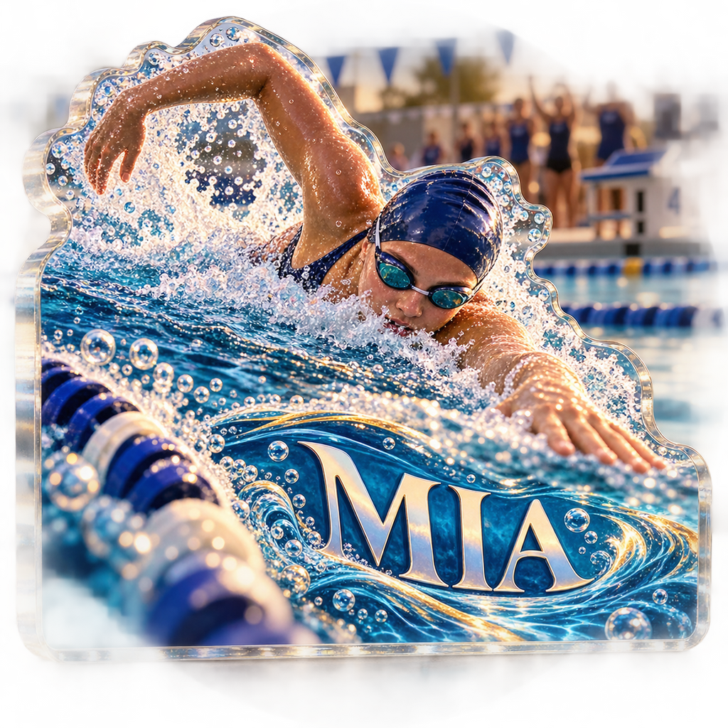 Artwork visualization: Swimming laps — club social gathering, personalized MIA, subject-shaped acrylic with printed optical 3D depth; not carved relief.
