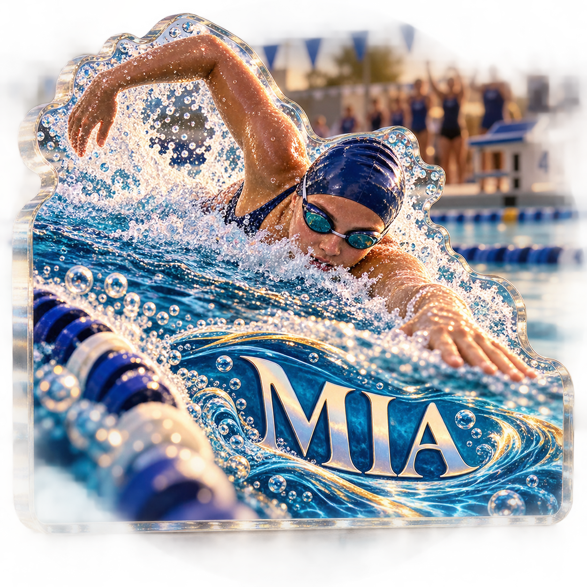 Artwork visualization: Swimming laps — club social gathering, personalized MIA, subject-shaped acrylic with printed optical 3D depth; not carved relief.