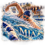 Artwork visualization: Swimming laps — club social gathering, personalized MIA, subject-shaped acrylic with printed optical 3D depth; not carved relief.