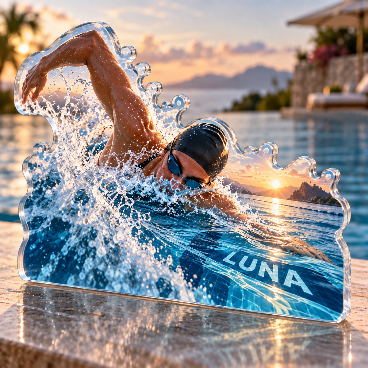Artwork visualization: Swimming laps — retirement adventure gift, personalized LUNA, subject-shaped acrylic with printed optical 3D depth; not carved relief.