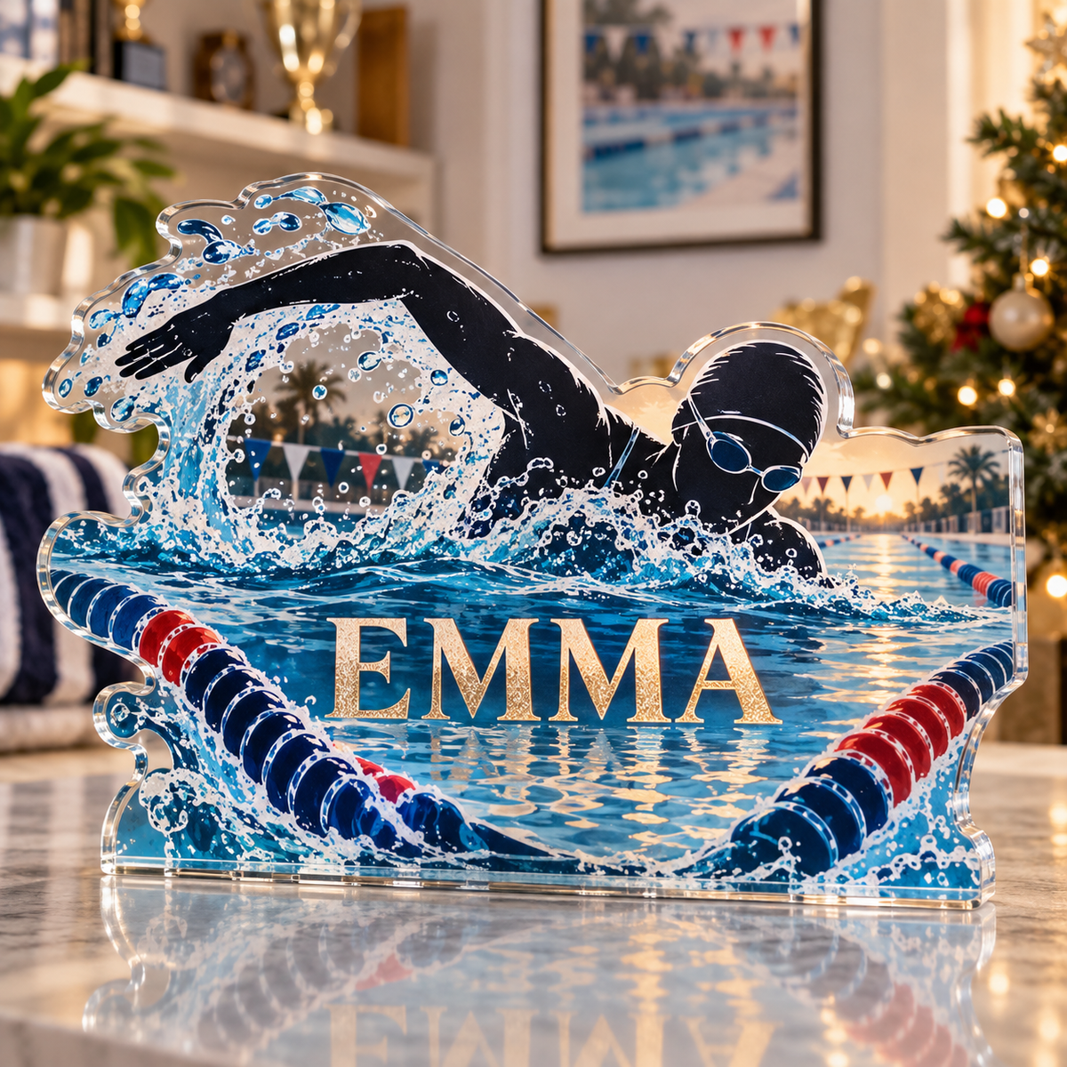 Artwork visualization: Swimming laps — home hobby room decor, personalized EMMA, subject-shaped acrylic with printed optical 3D depth; not carved relief.