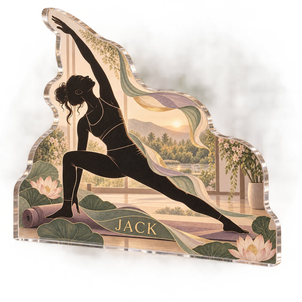 Artwork visualization: Yoga practice — everyday sport identity, personalized JACK, subject-shaped acrylic with printed optical 3D depth; not carved relief.