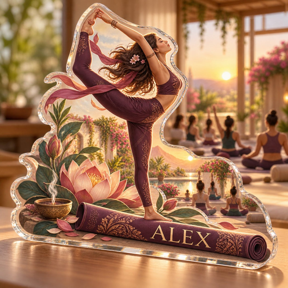 Personalized Yoga Practice Club Social Gathering custom shape acrylic plaque with an example name set into the artwork, digital preview