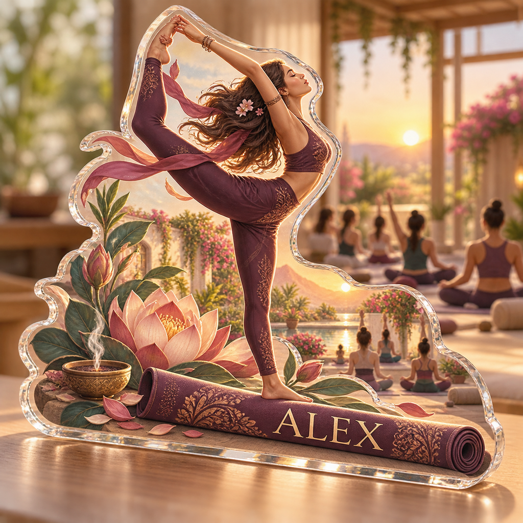 Artwork visualization: Yoga practice — club social gathering, personalized ALEX, subject-shaped acrylic with printed optical 3D depth; not carved relief.