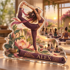 Artwork visualization: Yoga practice — club social gathering, personalized ALEX, subject-shaped acrylic with printed optical 3D depth; not carved relief.