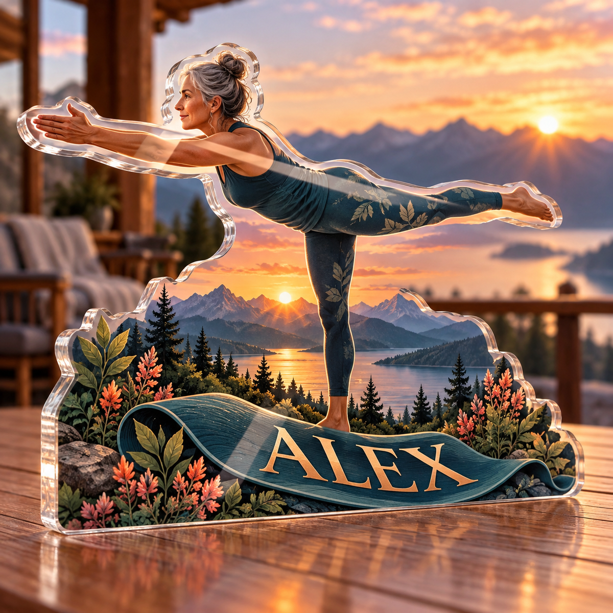 Artwork visualization: Yoga practice — retirement adventure gift, personalized ALEX, subject-shaped acrylic with printed optical 3D depth; not carved relief.