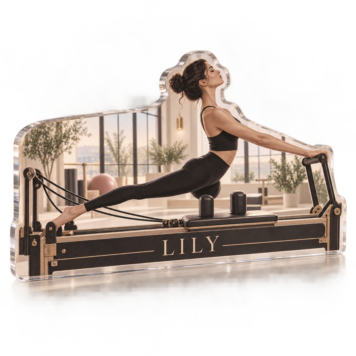 Artwork visualization: Pilates studio — everyday sport identity, personalized LILY, subject-shaped acrylic with printed optical 3D depth; not carved relief.