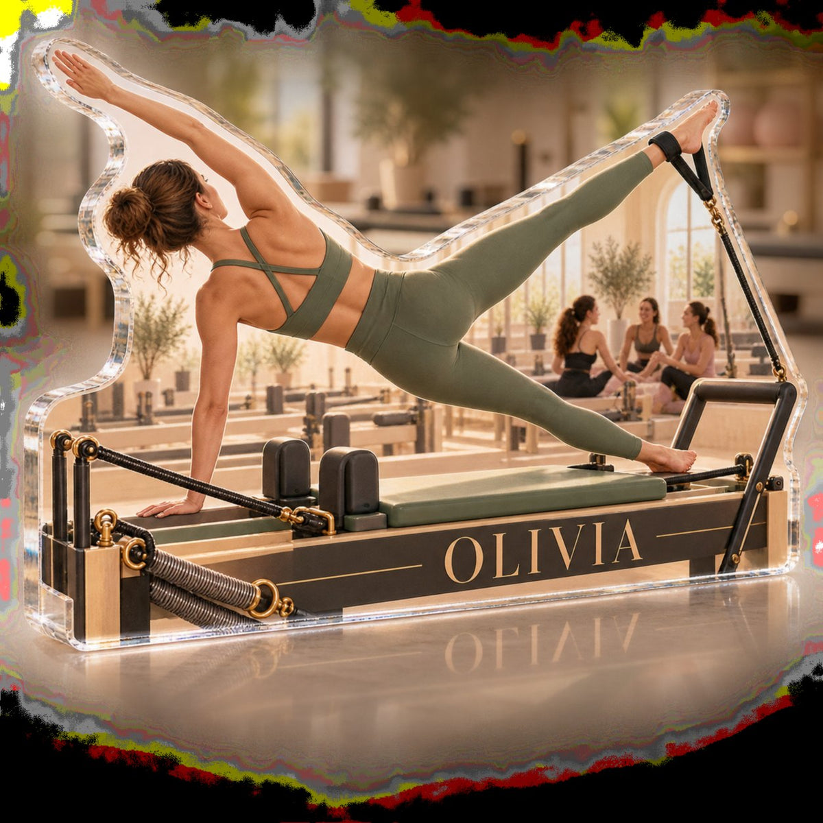 Personalized Pilates Studio Club Social Gathering custom shape acrylic plaque with an example name set into the artwork, digital preview
