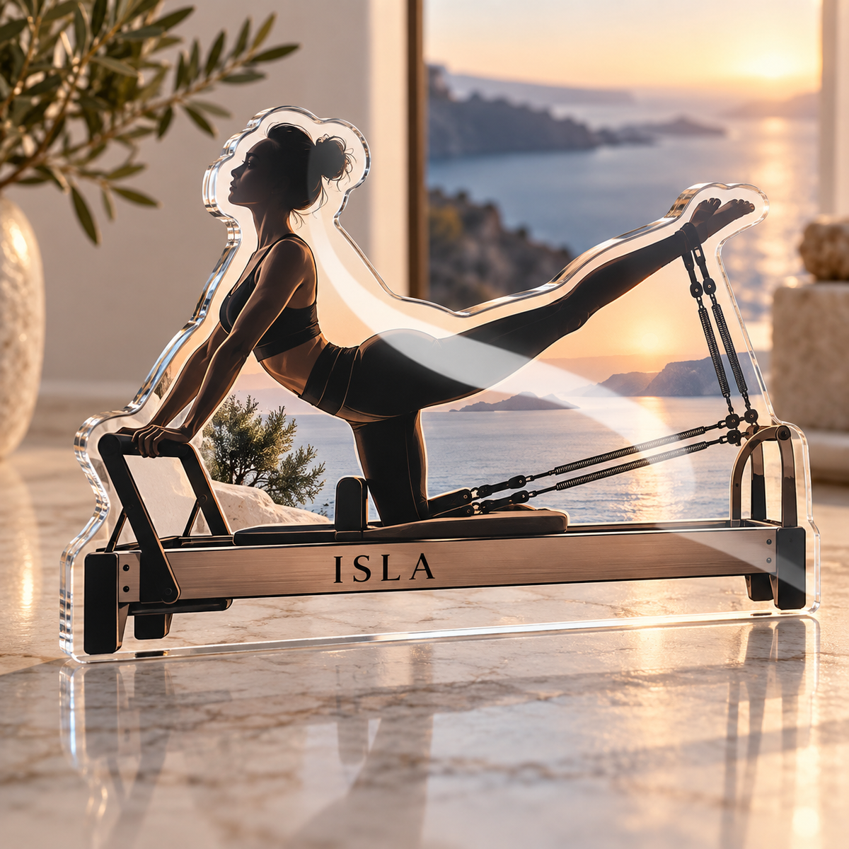 Artwork visualization: Pilates studio — retirement adventure gift, personalized ISLA, subject-shaped acrylic with printed optical 3D depth; not carved relief.