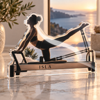 Artwork visualization: Pilates studio — retirement adventure gift, personalized ISLA, subject-shaped acrylic with printed optical 3D depth; not carved relief.