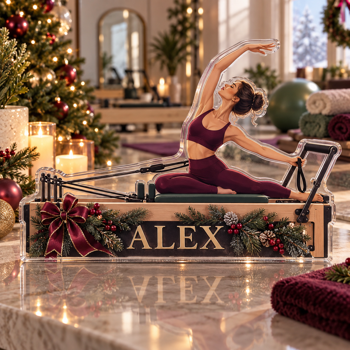 Artwork visualization: Pilates studio — home hobby room decor, personalized ALEX, subject-shaped acrylic with printed optical 3D depth; not carved relief.