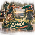 Artwork visualization: Disc golf — everyday sport identity, personalized EMMA, subject-shaped acrylic with printed optical 3D depth; not carved relief.