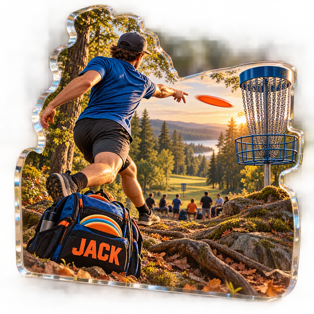 Artwork visualization: Disc golf — club social gathering, personalized JACK, subject-shaped acrylic with printed optical 3D depth; not carved relief.