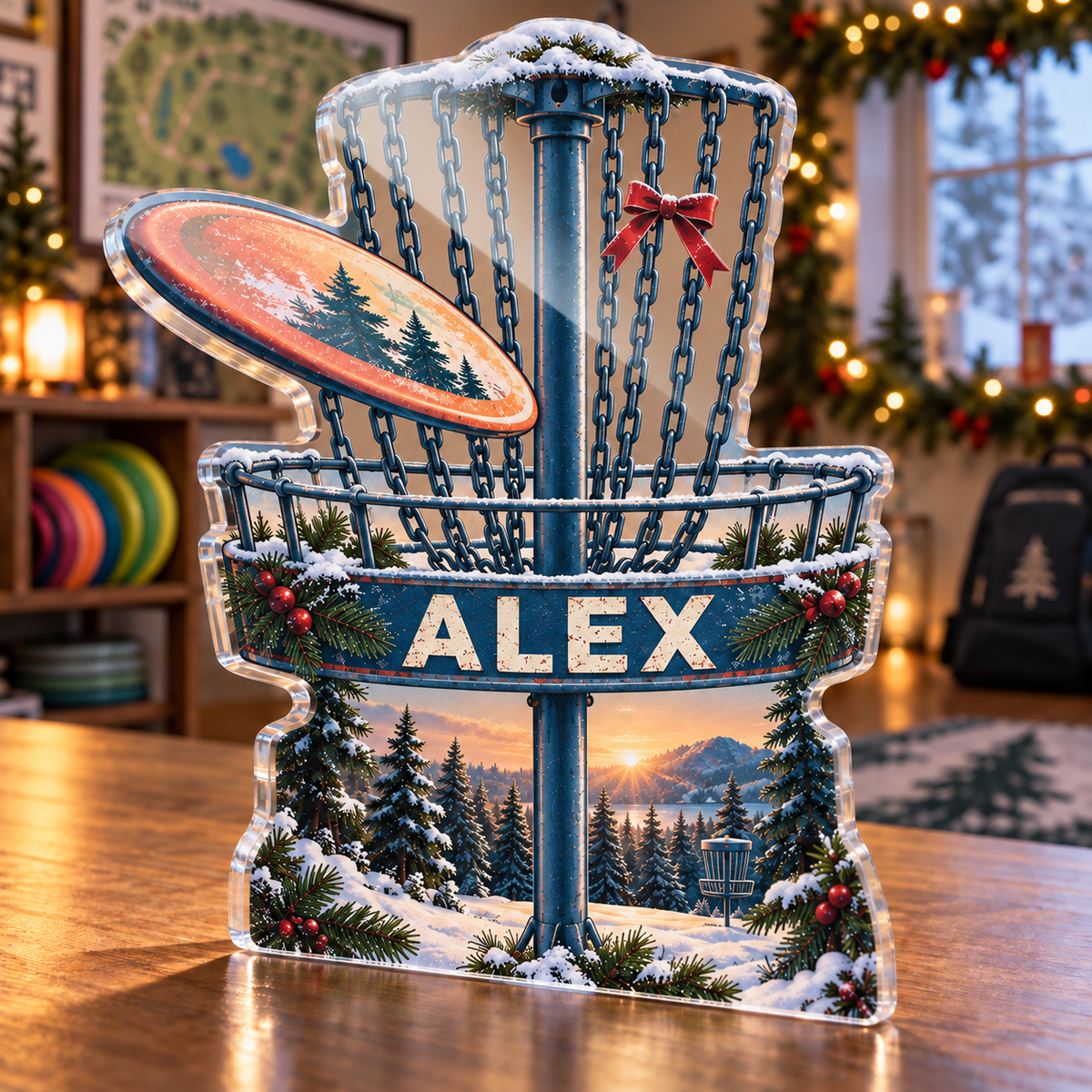 Artwork visualization: Disc golf — home hobby room decor, personalized ALEX, subject-shaped acrylic with printed optical 3D depth; not carved relief.
