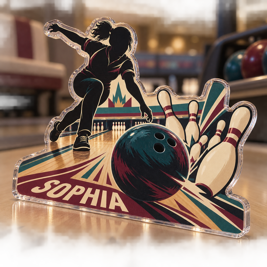 Artwork visualization: Bowling league — everyday sport identity, personalized SOPHIA, subject-shaped acrylic with printed optical 3D depth; not carved relief.