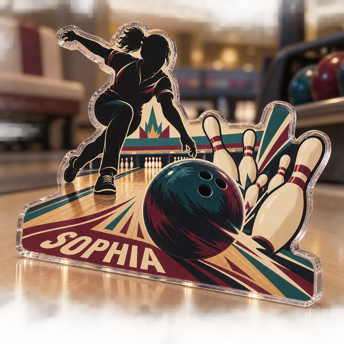 Artwork visualization: Bowling league — everyday sport identity, personalized SOPHIA, subject-shaped acrylic with printed optical 3D depth; not carved relief.