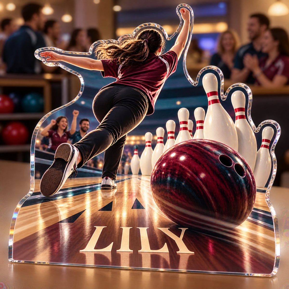 Personalized Bowling League Club Social Gathering custom shape acrylic plaque with an example name set into the artwork, digital preview