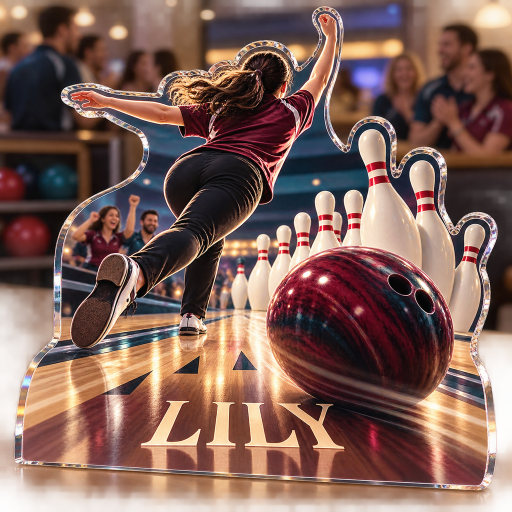 Artwork visualization: Bowling league — club social gathering, personalized LILY, subject-shaped acrylic with printed optical 3D depth; not carved relief.