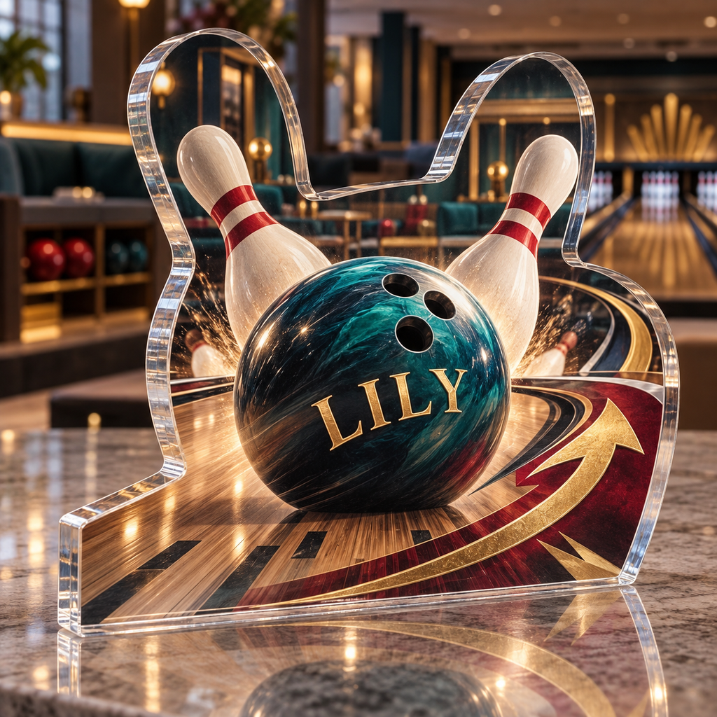 Artwork visualization: Bowling league — retirement adventure gift, personalized LILY, subject-shaped acrylic with printed optical 3D depth; not carved relief.