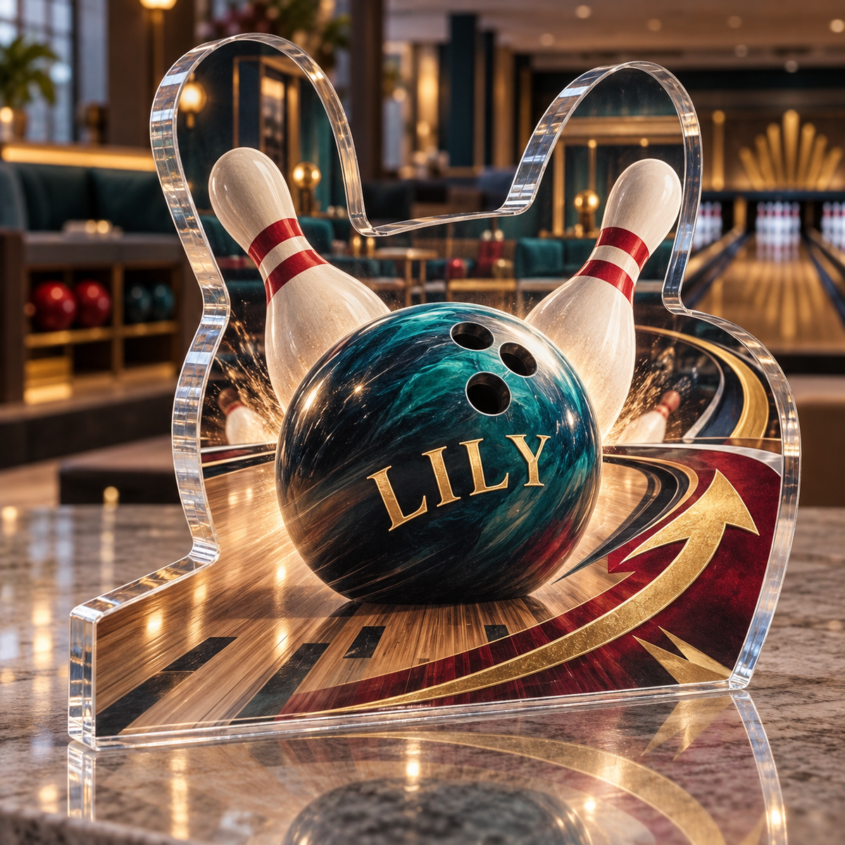 Artwork visualization: Bowling league — retirement adventure gift, personalized LILY, subject-shaped acrylic with printed optical 3D depth; not carved relief.