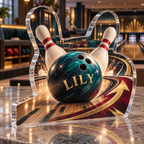 Artwork visualization: Bowling league — retirement adventure gift, personalized LILY, subject-shaped acrylic with printed optical 3D depth; not carved relief.