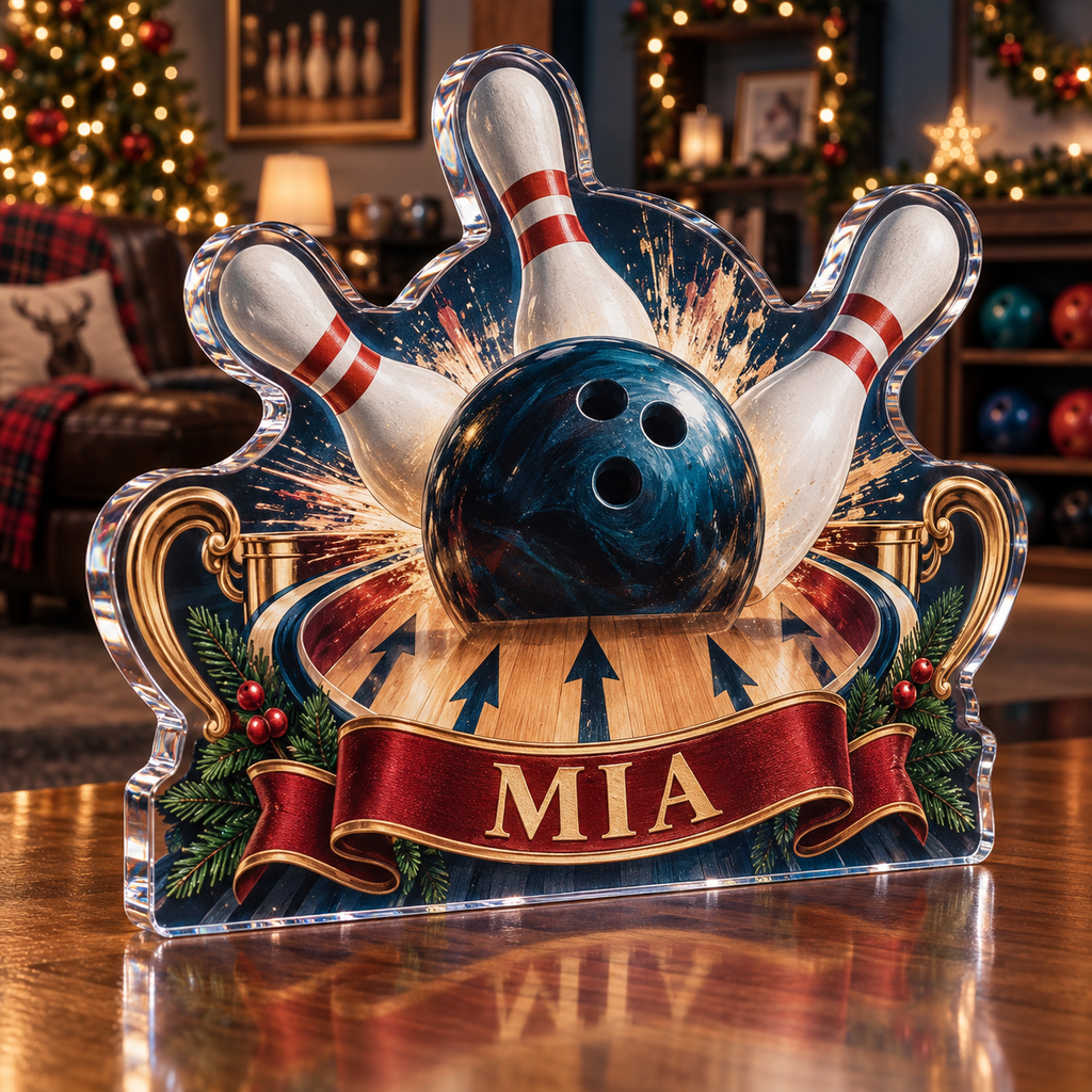 Artwork visualization: Bowling league — home hobby room decor, personalized MIA, subject-shaped acrylic with printed optical 3D depth; not carved relief.