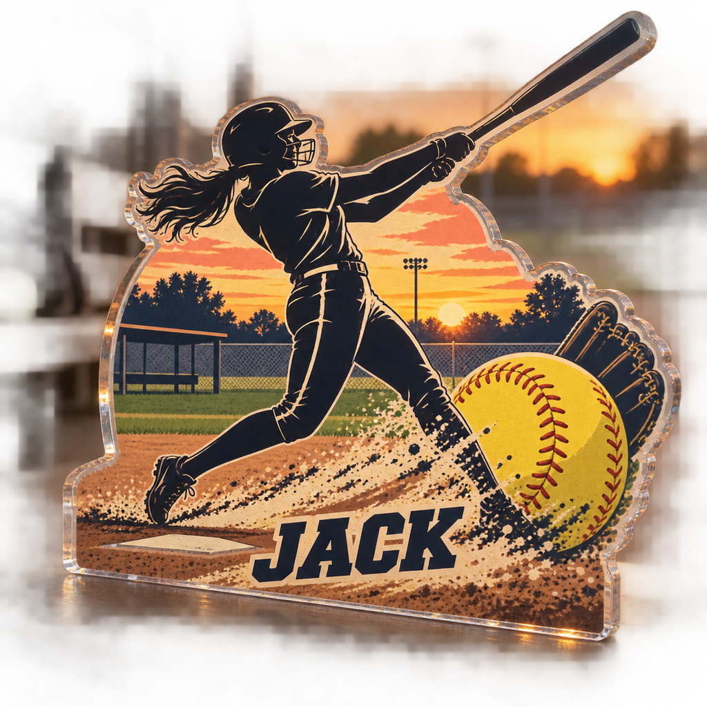 Artwork visualization: Recreational softball — everyday sport identity, personalized JACK, subject-shaped acrylic with printed optical 3D depth; not carved relief.