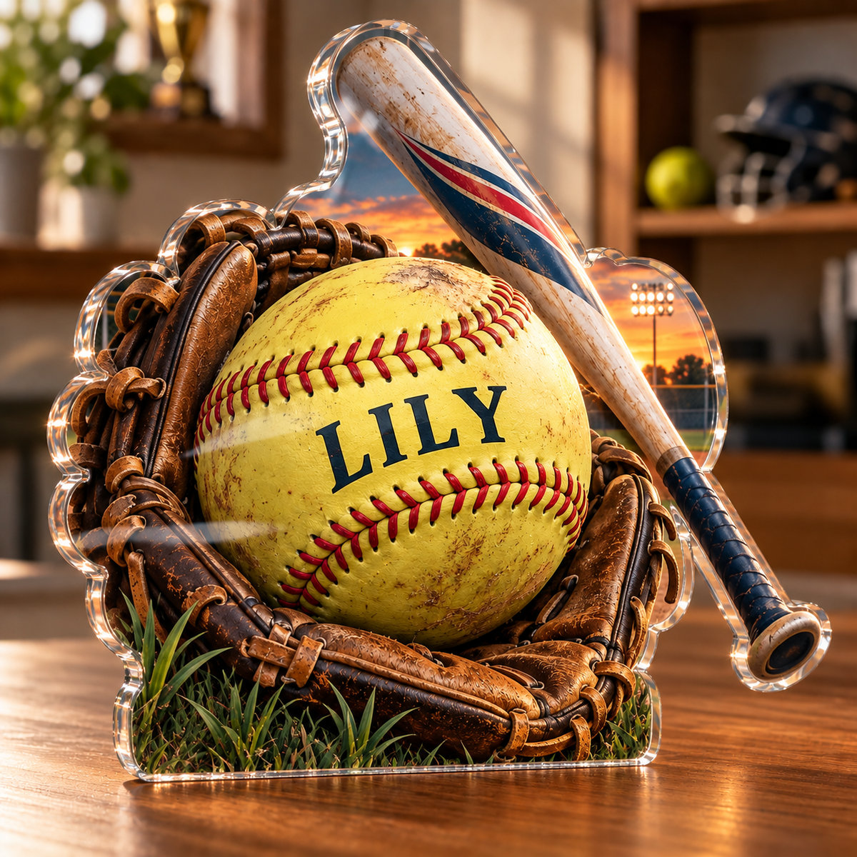 Artwork visualization: Recreational softball — retirement adventure gift, personalized LILY, subject-shaped acrylic with printed optical 3D depth; not carved relief.
