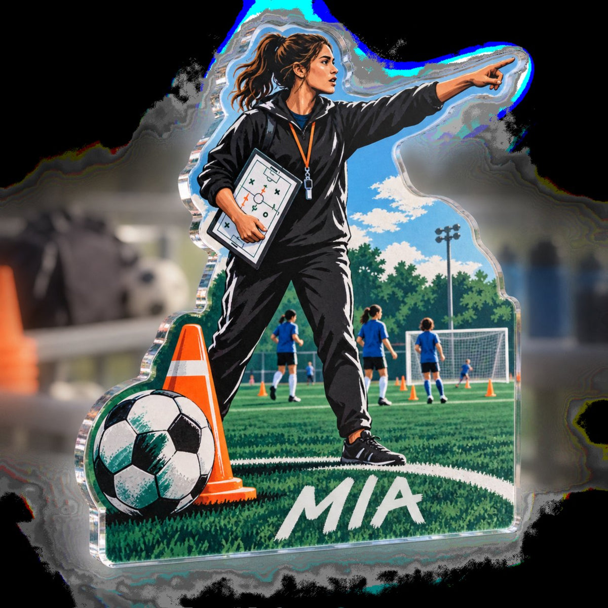 Personalized Soccer Coaching Everyday Sport Identity custom shape acrylic plaque with an example name set into the artwork, digital preview