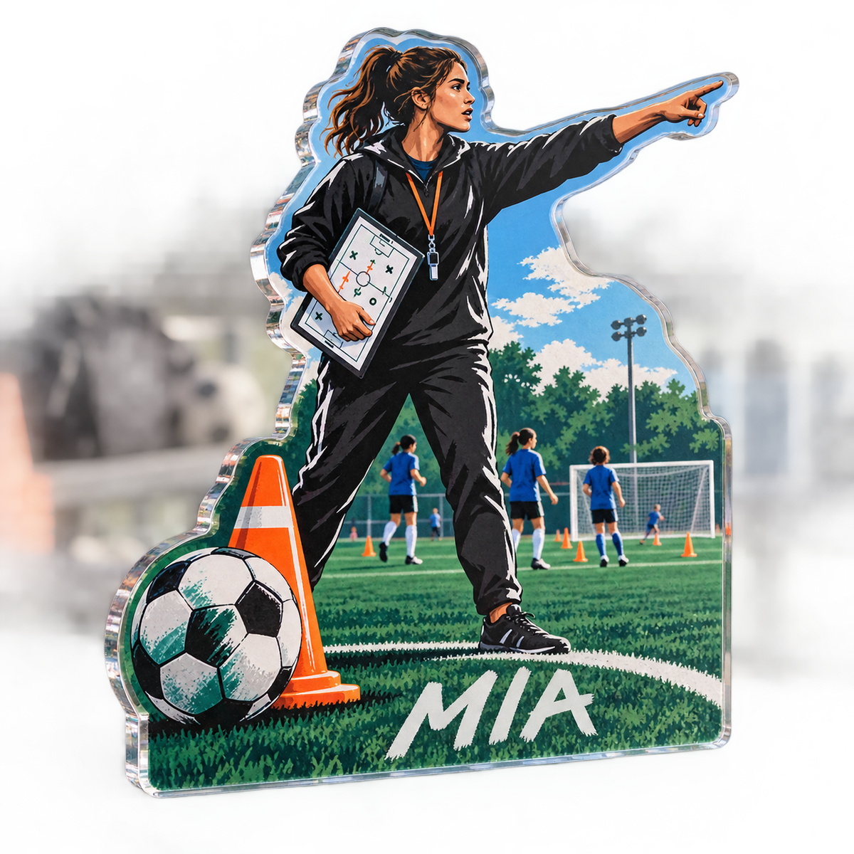 Artwork visualization: Soccer coaching — everyday sport identity, personalized MIA, subject-shaped acrylic with printed optical 3D depth; not carved relief.