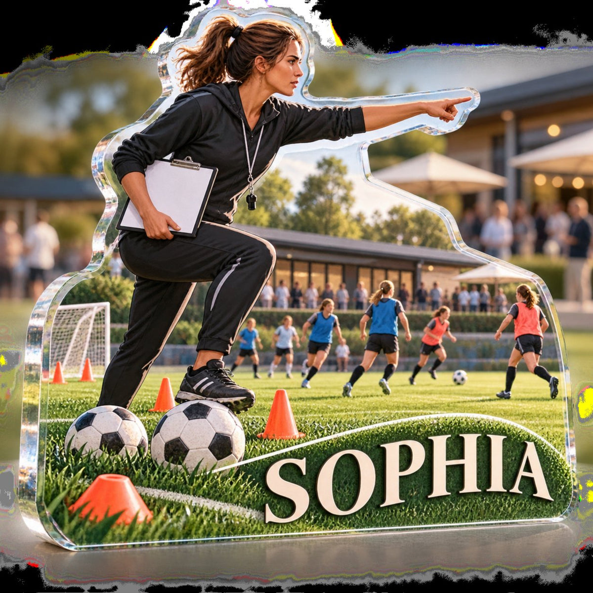 Personalized Soccer Coaching Club Social Gathering custom shape acrylic plaque with an example name set into the artwork, digital preview