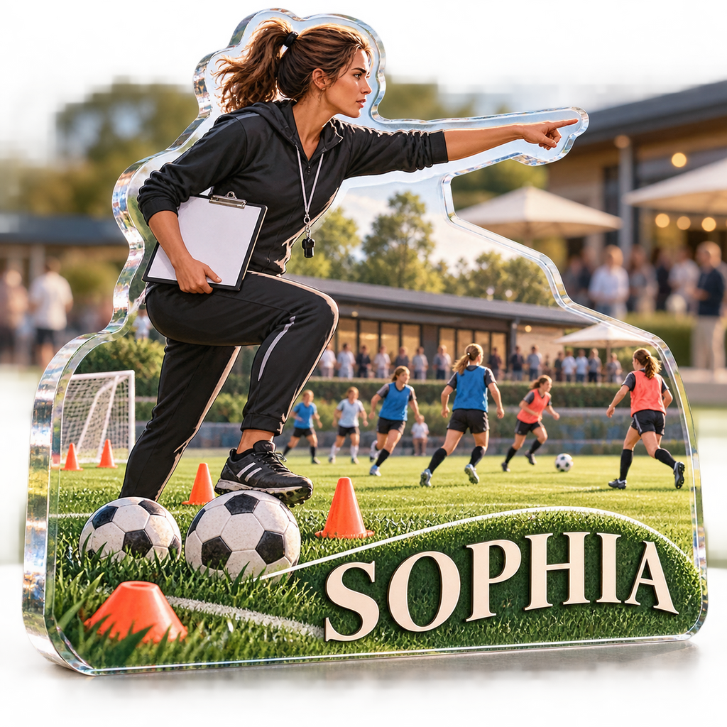 Artwork visualization: Soccer coaching — club social gathering, personalized SOPHIA, subject-shaped acrylic with printed optical 3D depth; not carved relief.