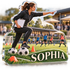 Artwork visualization: Soccer coaching — club social gathering, personalized SOPHIA, subject-shaped acrylic with printed optical 3D depth; not carved relief.
