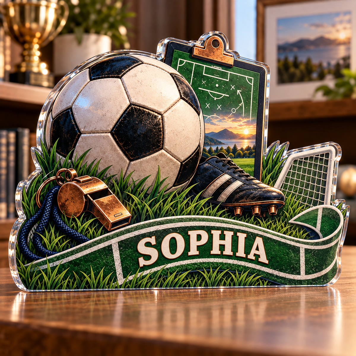 Artwork visualization: Soccer coaching — retirement adventure gift, personalized SOPHIA, subject-shaped acrylic with printed optical 3D depth; not carved relief.