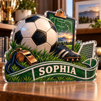 Artwork visualization: Soccer coaching — retirement adventure gift, personalized SOPHIA, subject-shaped acrylic with printed optical 3D depth; not carved relief.