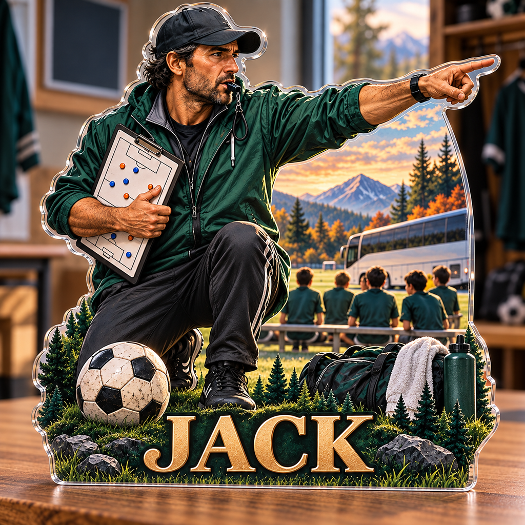 Artwork visualization: Soccer coaching — weekend trip group, personalized JACK, subject-shaped acrylic with printed optical 3D depth; not carved relief.