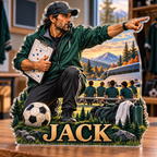 Artwork visualization: Soccer coaching — weekend trip group, personalized JACK, subject-shaped acrylic with printed optical 3D depth; not carved relief.