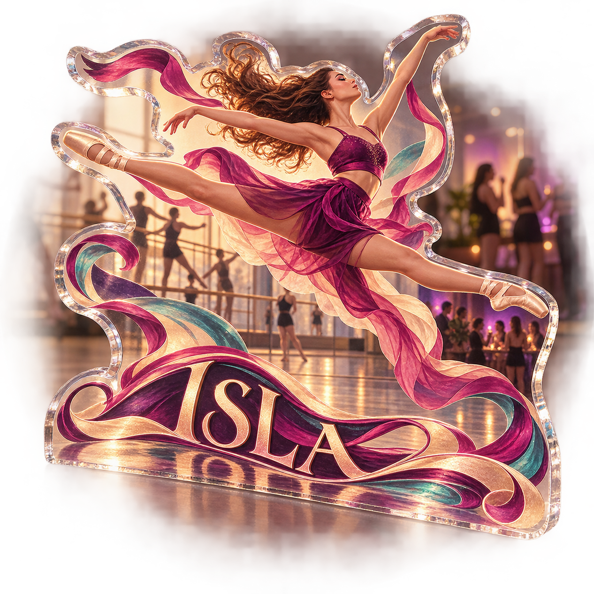 Artwork visualization: Dance practice — club social gathering, personalized ISLA, subject-shaped acrylic with printed optical 3D depth; not carved relief.